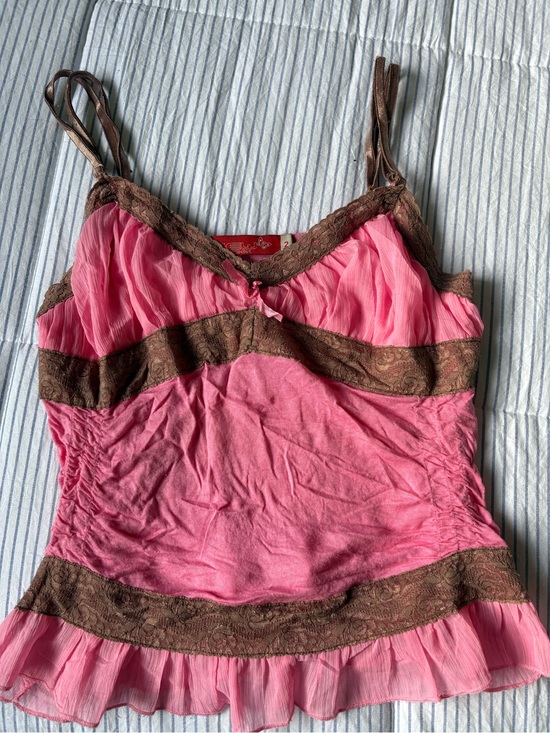 new london Tops - Pink and Brown Lace Trim Cami Tank